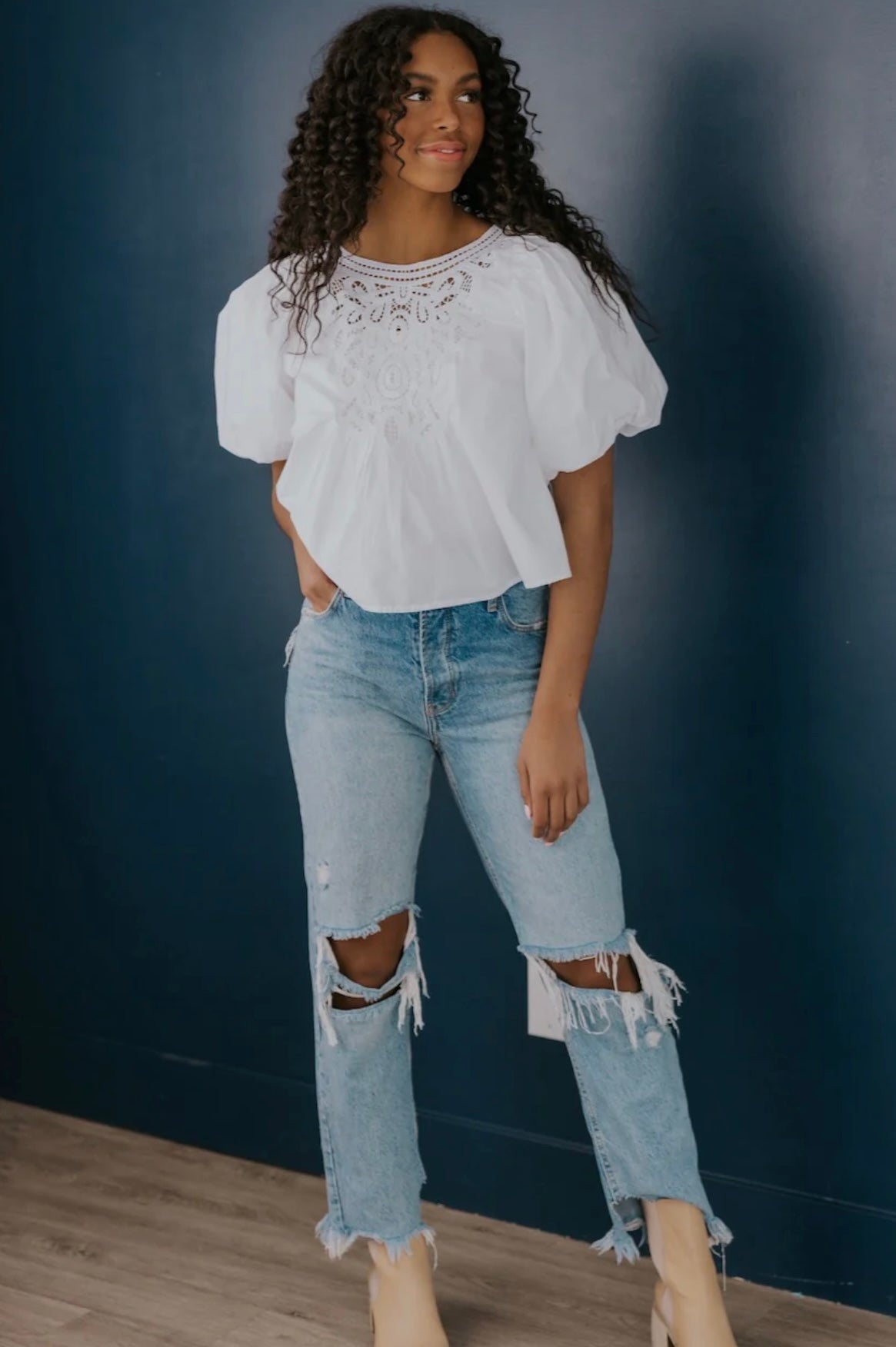 FREE PEOPLE Crochet Front BARDOT PuffSleeve Woven Top