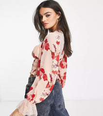 FREE PEOPLE Floral/ Lace DAPHNE Smocked Blouse Top
