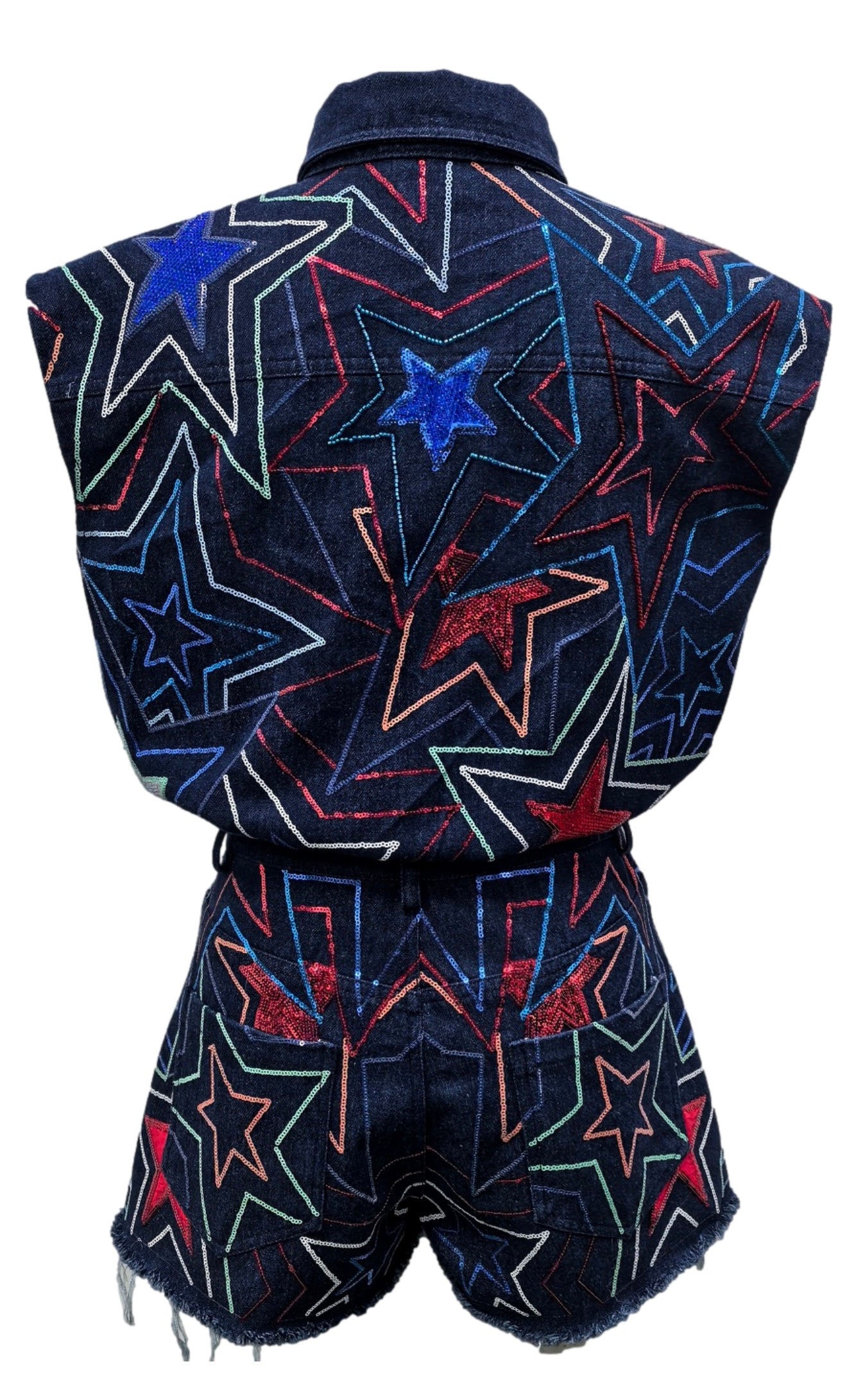 QUEEN OF SPARKLES Denim Sequin GROOVY STAR Short Romper