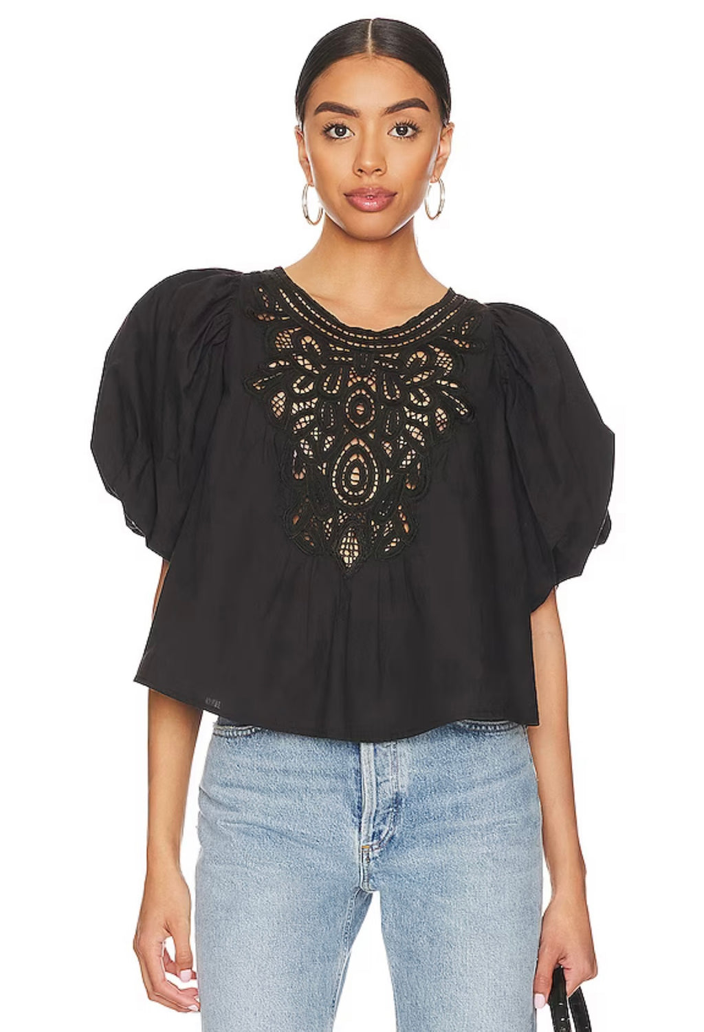 FREE PEOPLE Crochet Front BARDOT PuffSleeve Woven Top