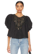 FREE PEOPLE Crochet Front BARDOT PuffSleeve Woven Top
