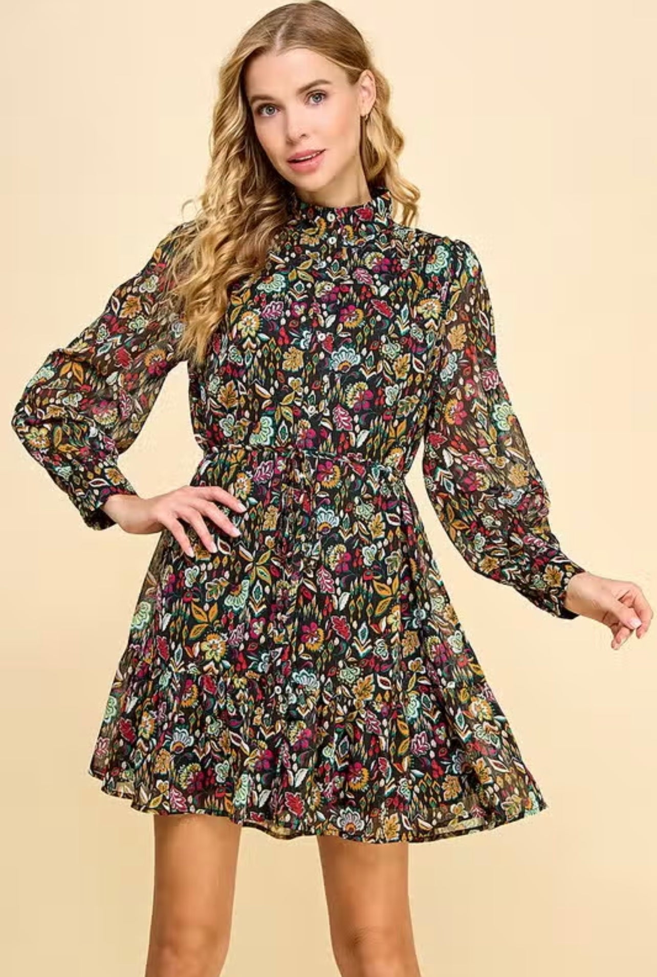 LET GO Floral Hink Long Sleeve Tie Waist Dress