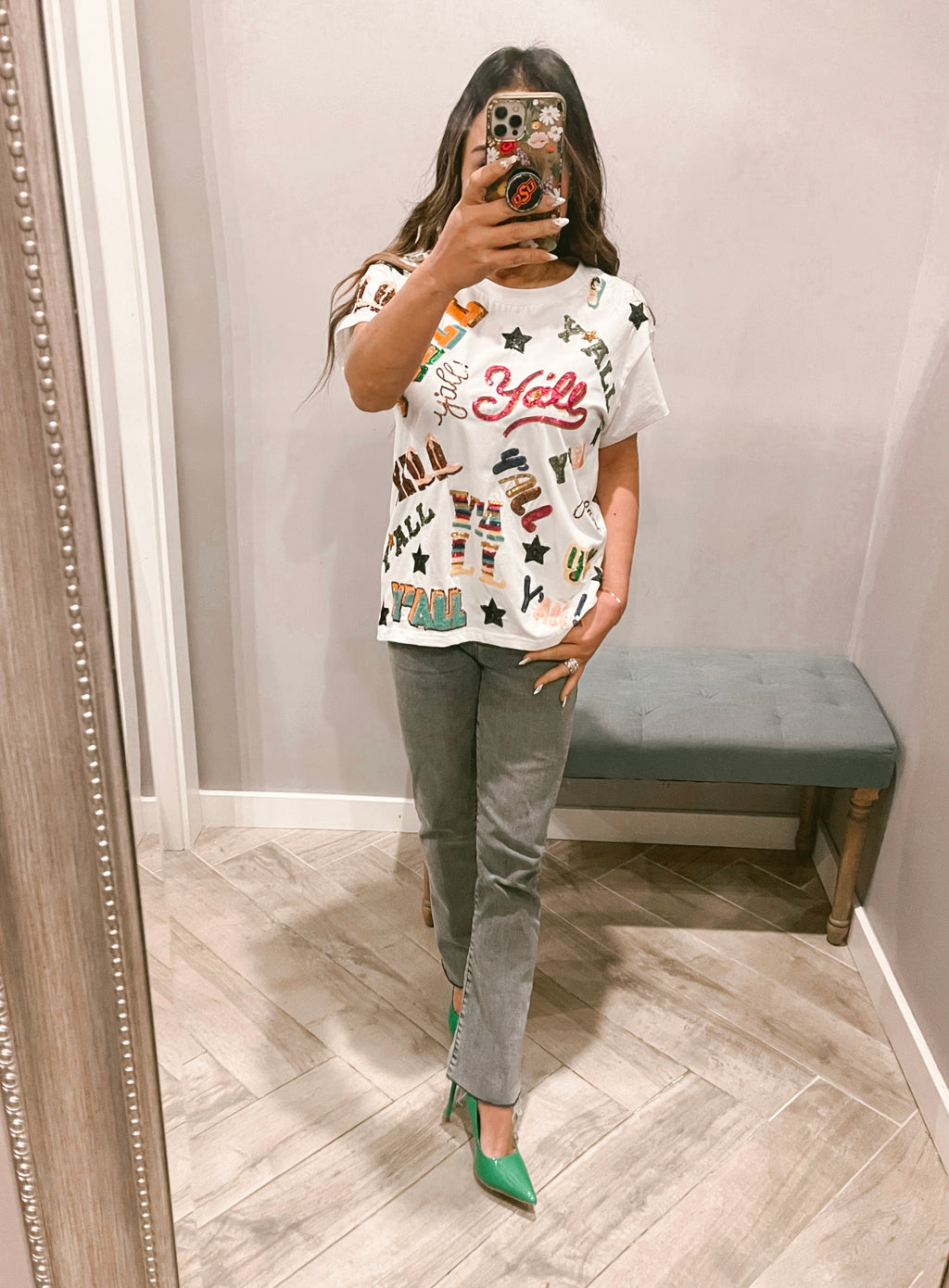 QUEEN OF SPARKLES Allover Y’ALL Sequin Short Sleeve Tee