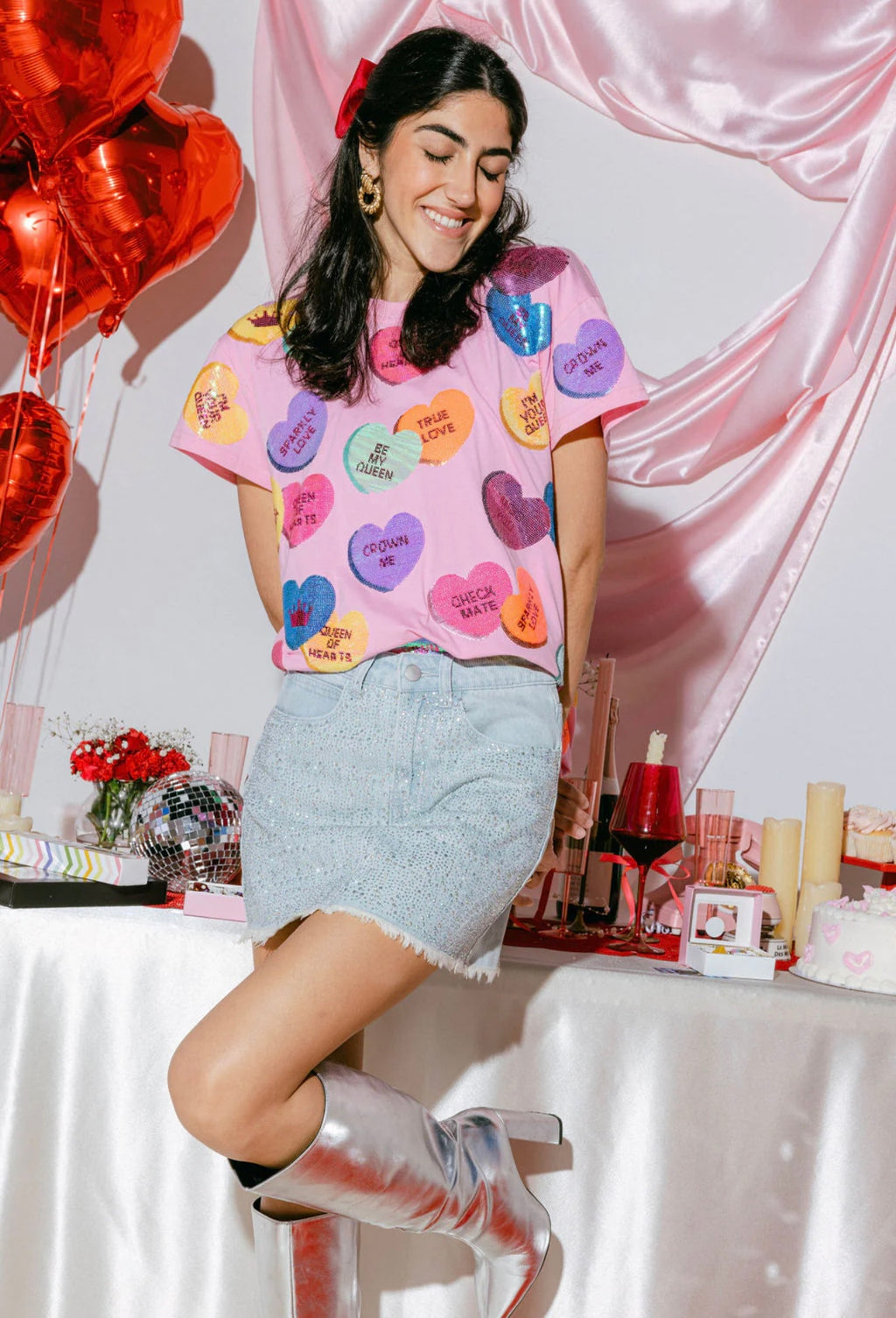 QUEEN OF SPARKLES Sequin CANDY HEARTS Tee Shirt Top