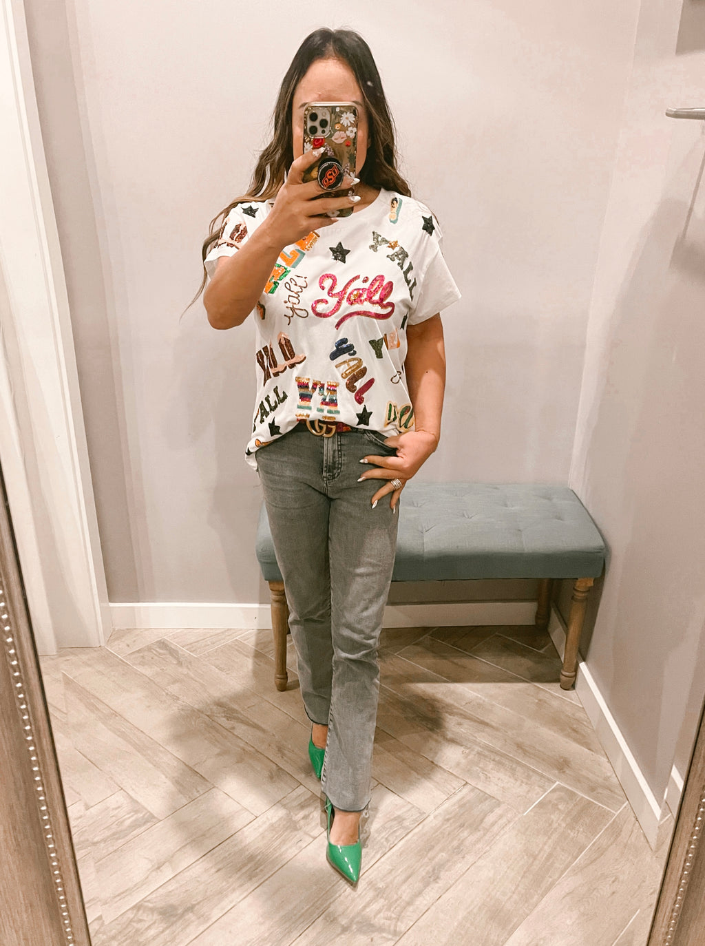 QUEEN OF SPARKLES Allover Y’ALL Sequin Short Sleeve Tee