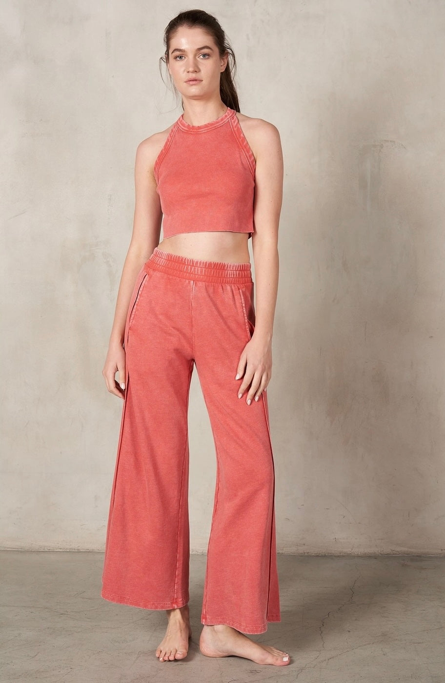 RISEN 2Piece HalterNeck RibMix WideLeg Pant Set