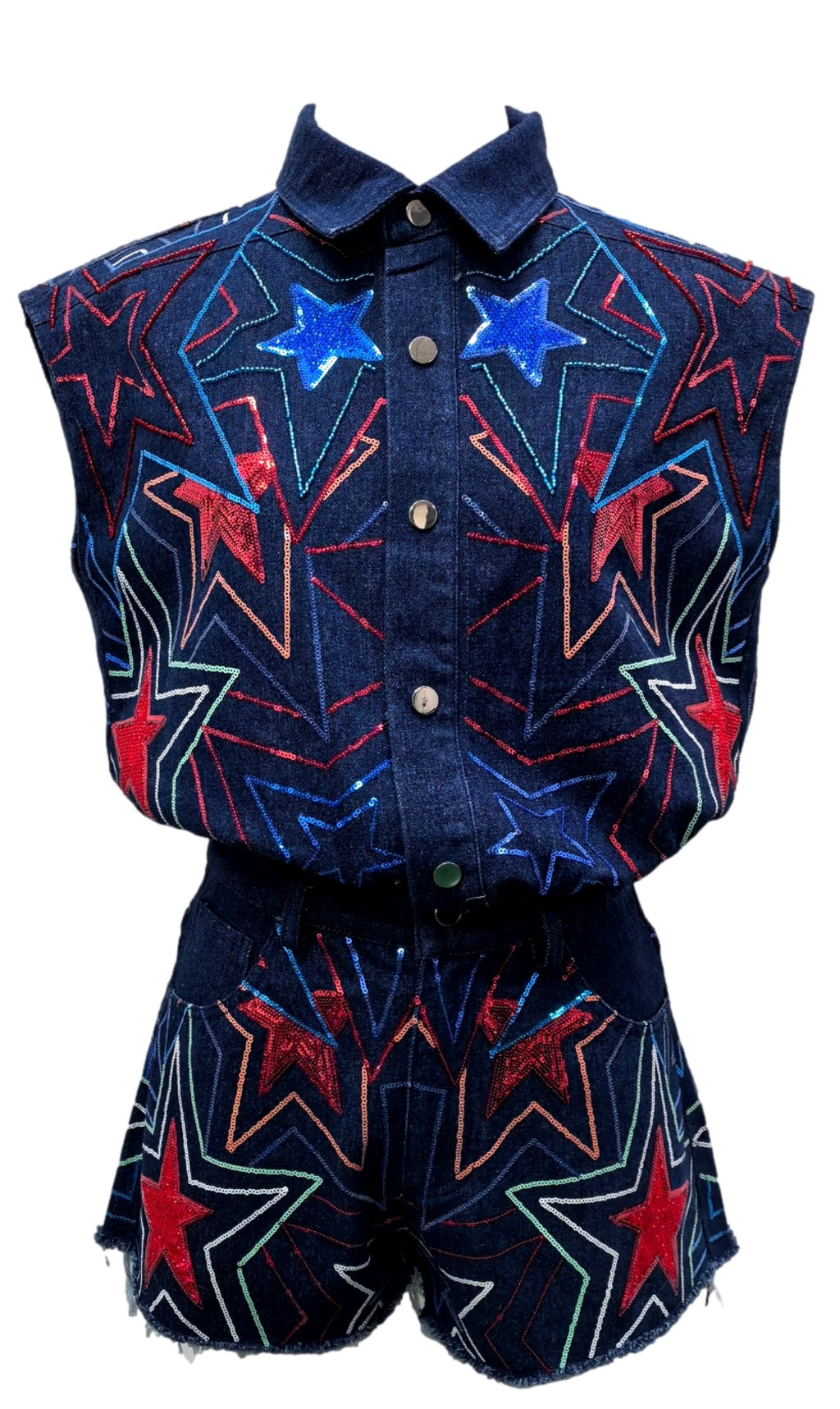 QUEEN OF SPARKLES Denim Sequin GROOVY STAR Short Romper
