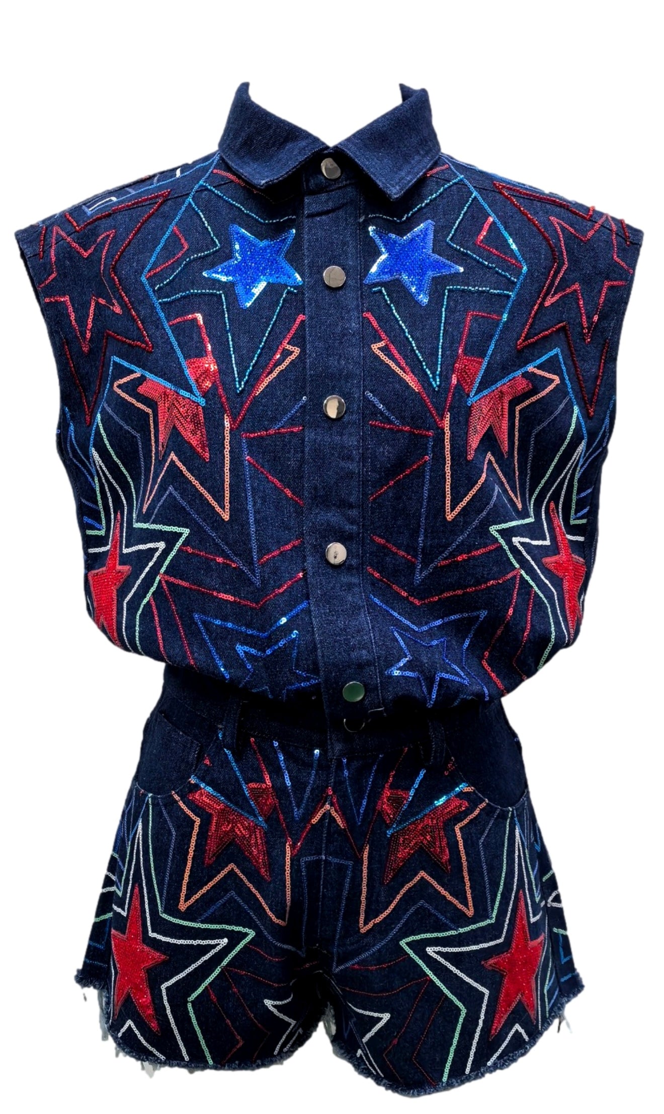 QUEEN OF SPARKLES Denim Sequin GROOVY STAR Short Romper