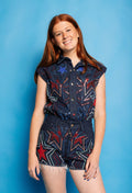 QUEEN OF SPARKLES Denim Sequin GROOVY STAR Short Romper