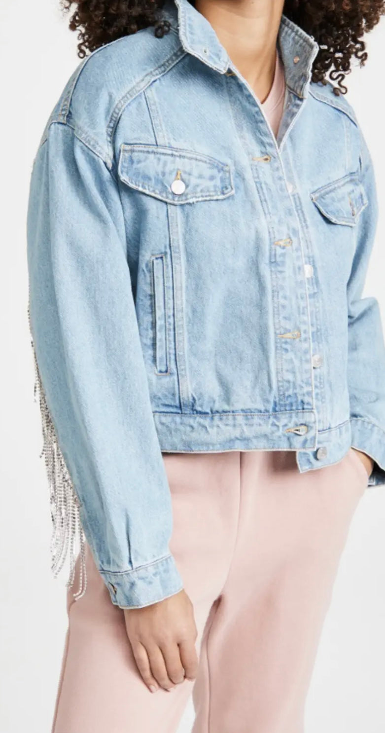 FREE PEOPLE Rhinestone Fringe COMET Denim Bomber Jacket
