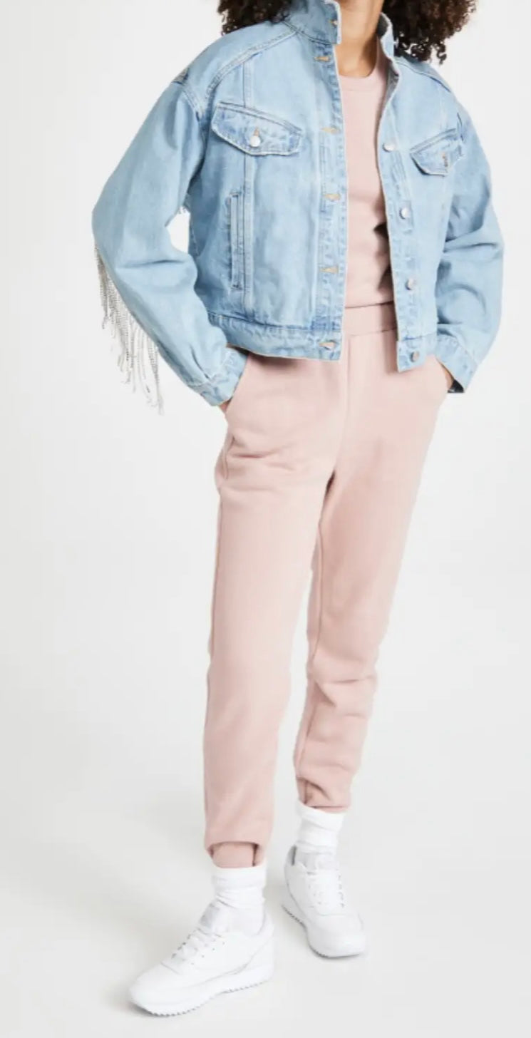 FREE PEOPLE Rhinestone Fringe COMET Denim Bomber Jacket