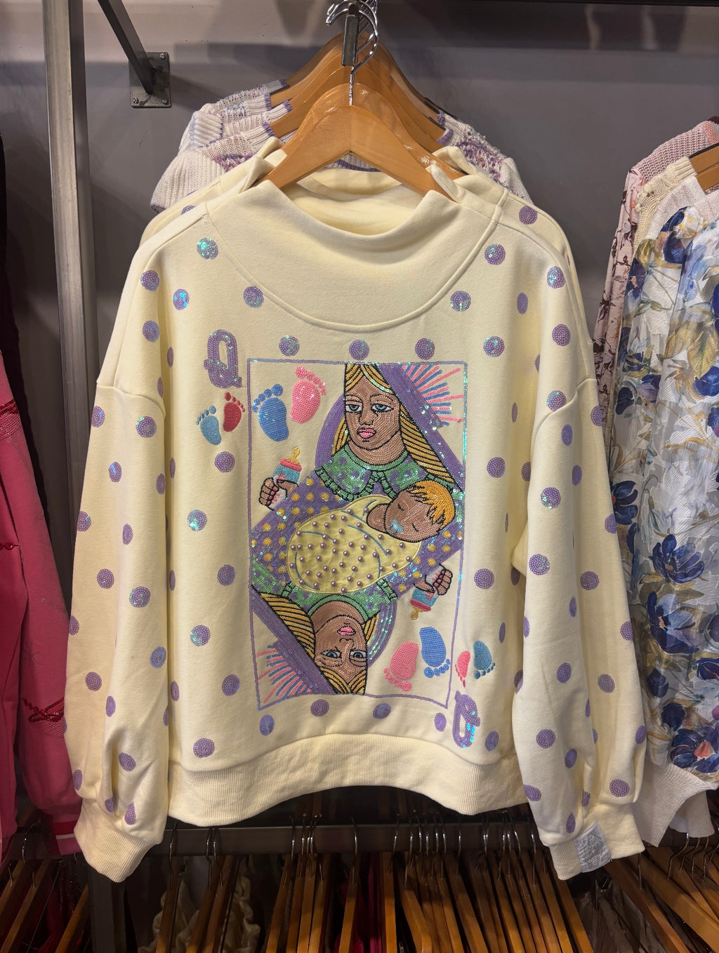 Queen of Sparkles Beige & Lavender Polka Dot Sparkle Logo Sweatshirt