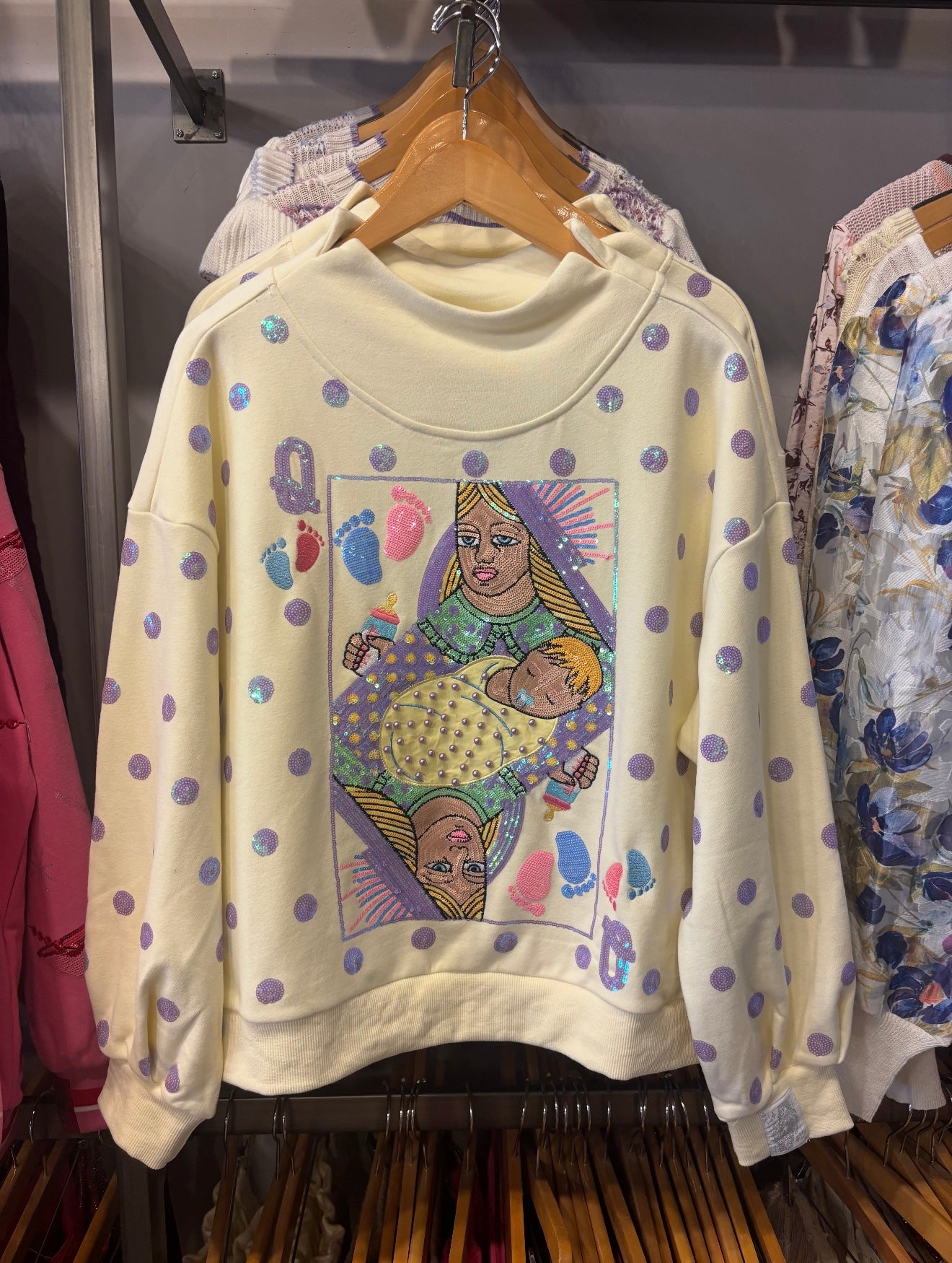 Queen of Sparkles Beige & Lavender Polka Dot Sparkle Logo Sweatshirt