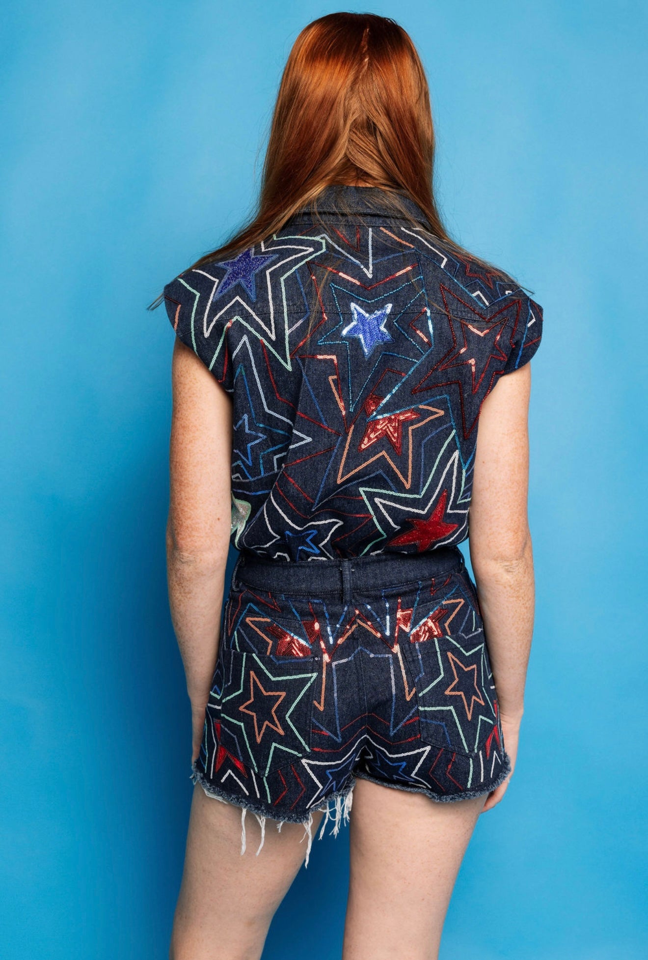 QUEEN OF SPARKLES Denim Sequin GROOVY STAR Short Romper