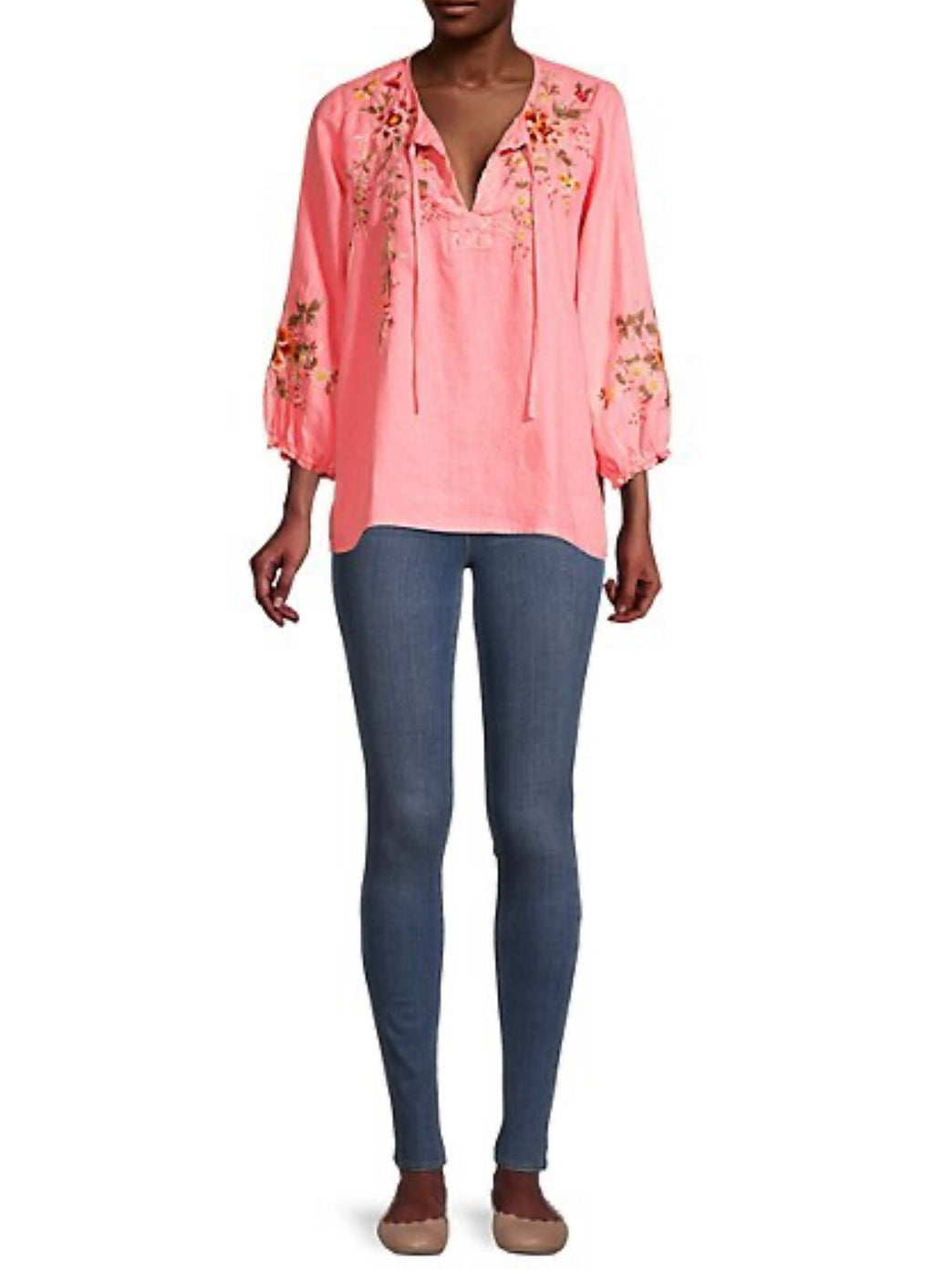 JOHNNY WAS Linen ACACIA Embroidered Peasant Blouse Top