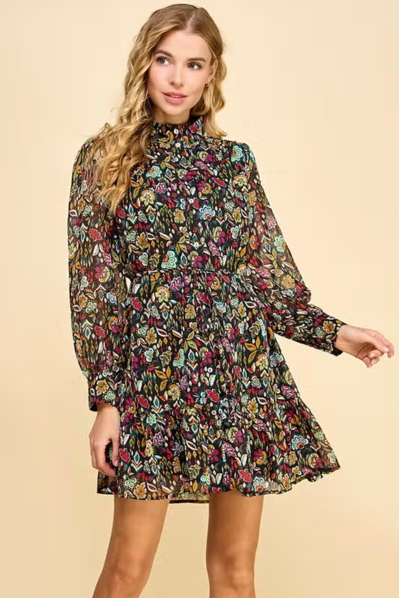 LET GO Floral Hink Long Sleeve Tie Waist Dress