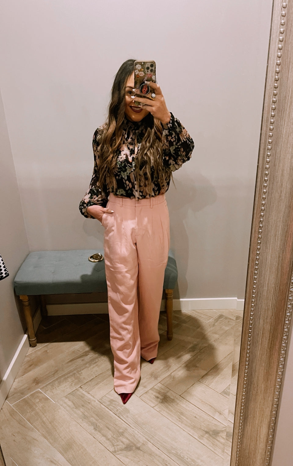 LUCY PARIS Pleated LISSIE Floral TieNeck ButtonDown Top