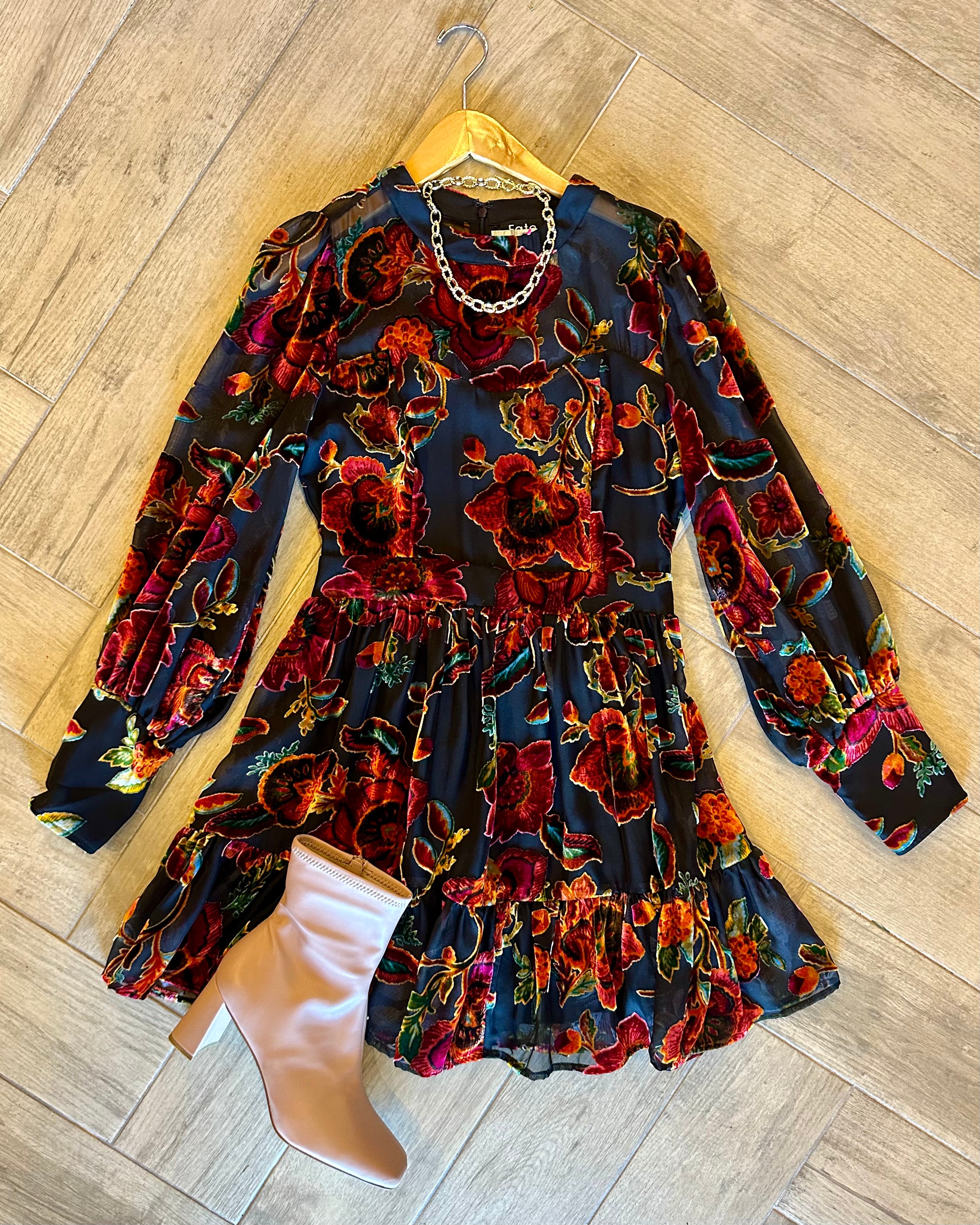 *FOR KEEPS Velvet BurnOut Floral Flare Dress