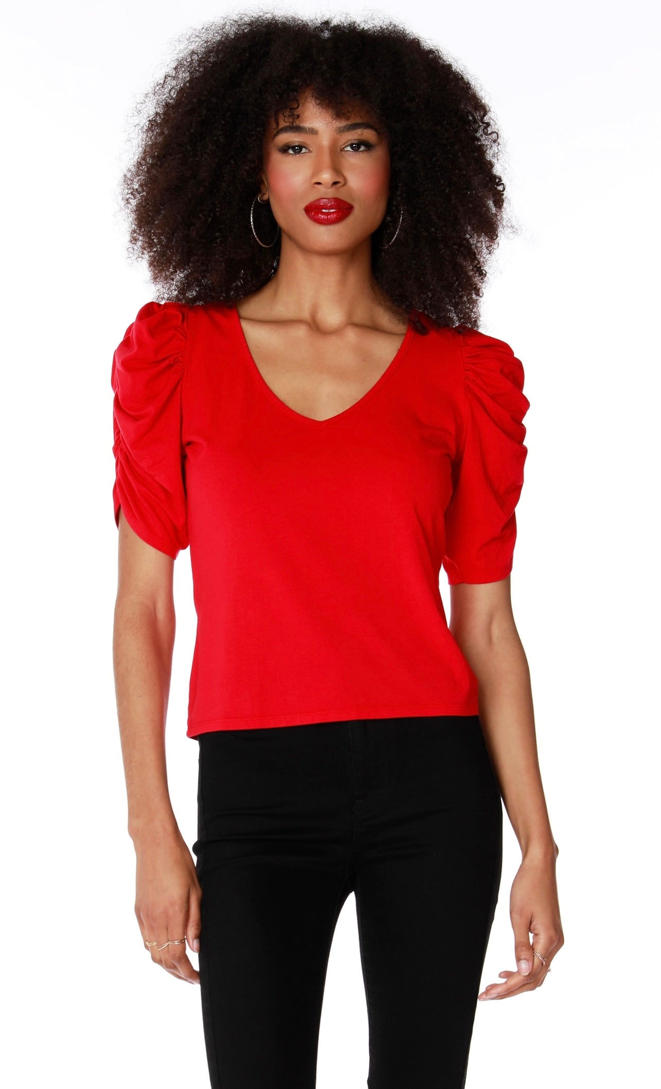 BOBI Lightweight Jersey SOPHIA ShirredSleeve V-Neck Top