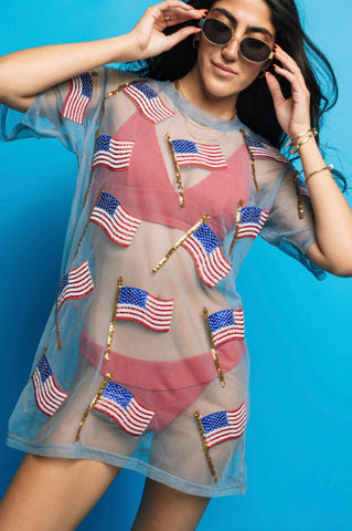 QUEEN OF SPARKLES Sheer USA FLAG CoverUp