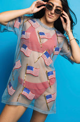 QUEEN OF SPARKLES Sheer USA FLAG CoverUp