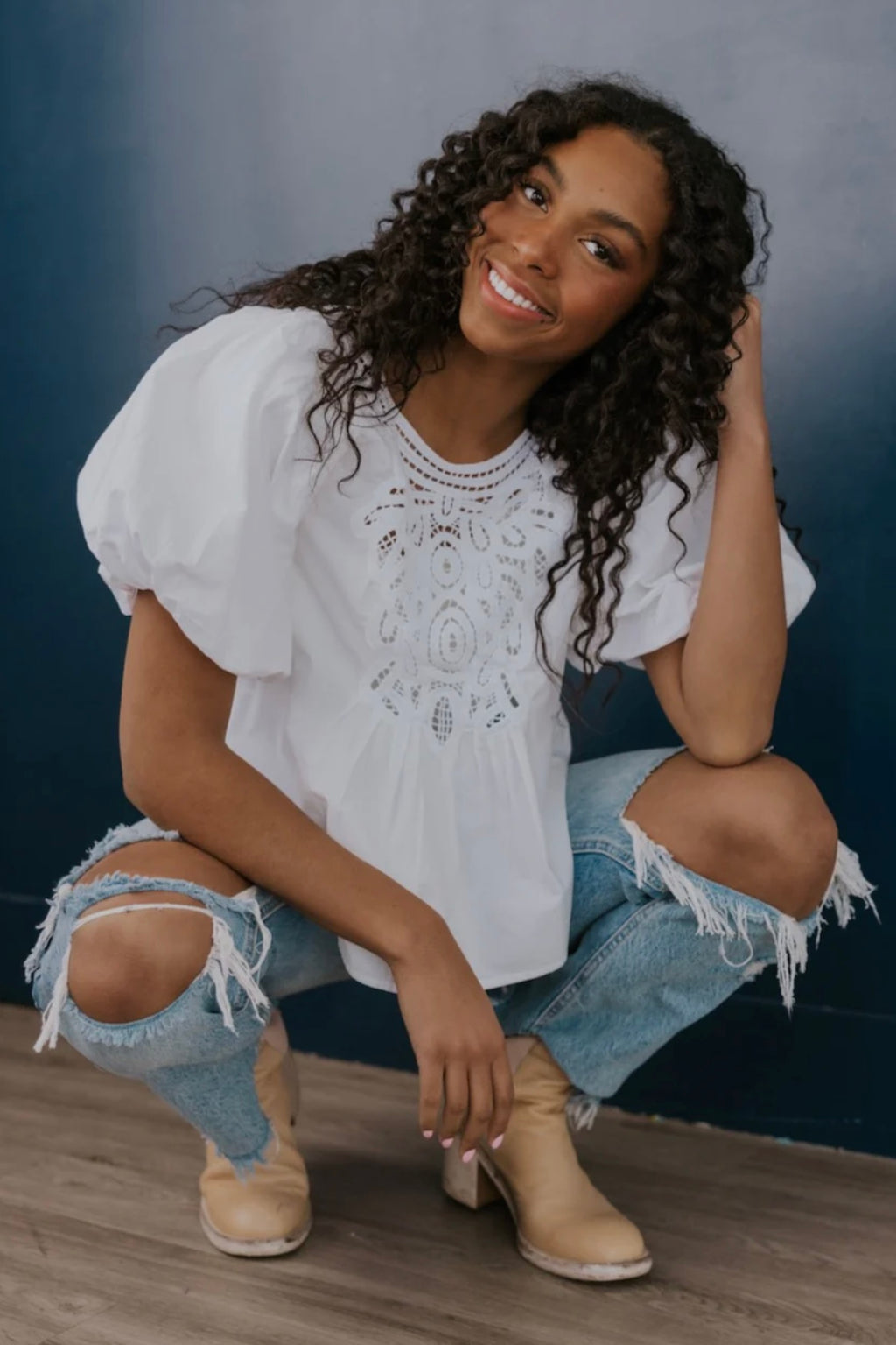 FREE PEOPLE Crochet Front BARDOT PuffSleeve Woven Top