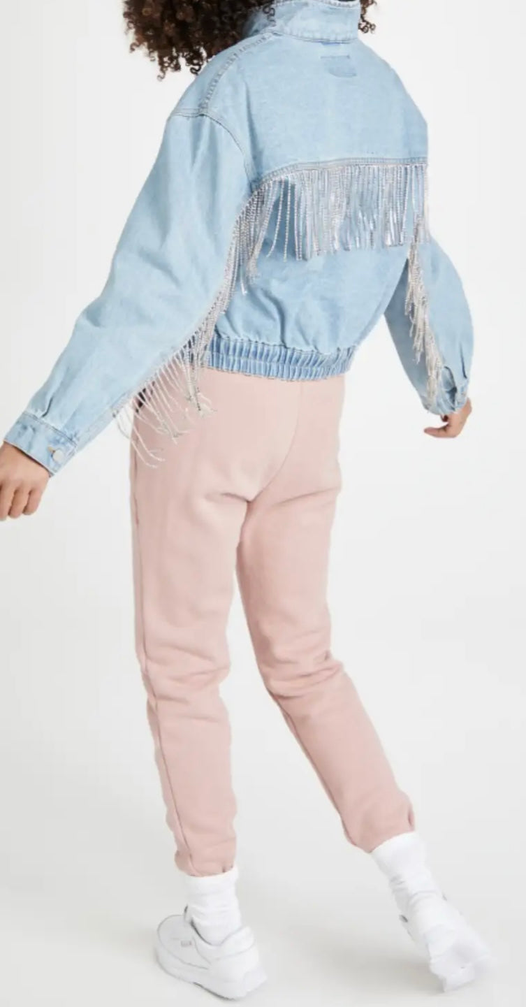 FREE PEOPLE Rhinestone Fringe COMET Denim Bomber Jacket
