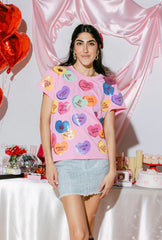 QUEEN OF SPARKLES Sequin CANDY HEARTS Tee Shirt Top