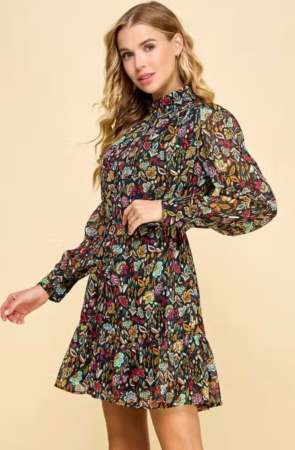 LET GO Floral Hink Long Sleeve Tie Waist Dress