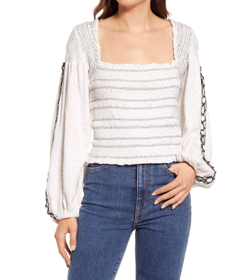 FREE PEOPLE Embroidered~Sleeve MAGGIE Smock~Bust Top