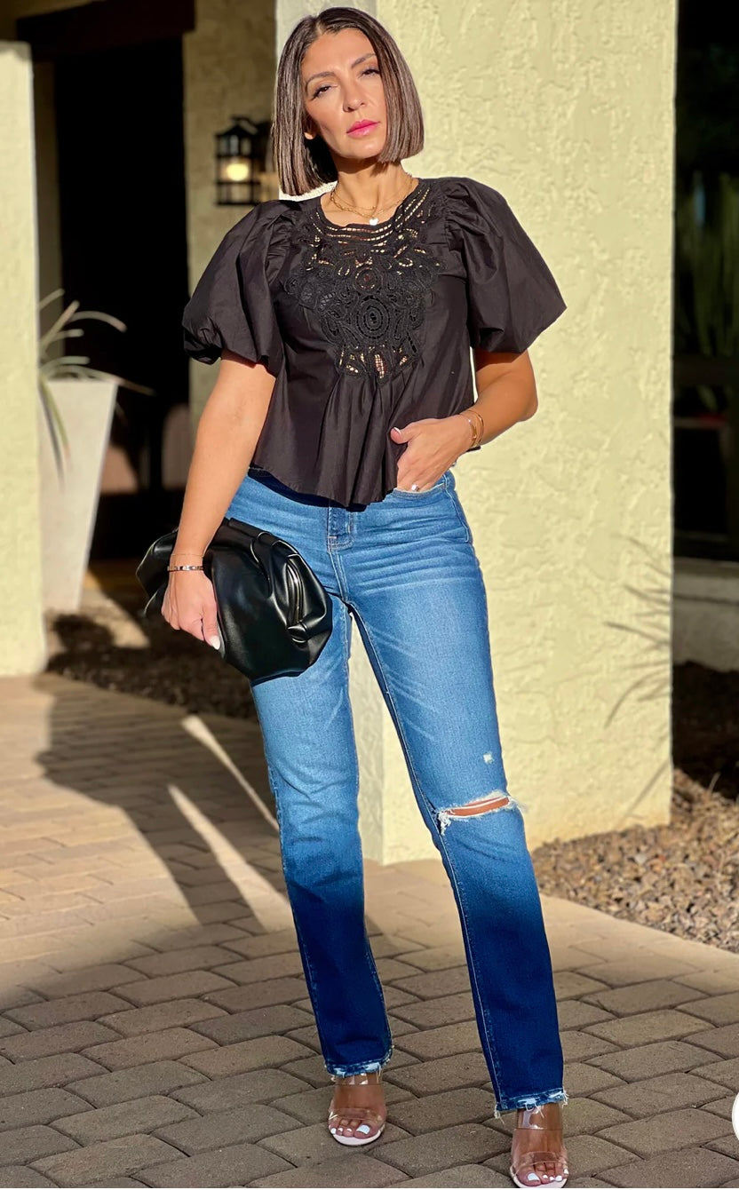 FREE PEOPLE Crochet Front BARDOT PuffSleeve Woven Top