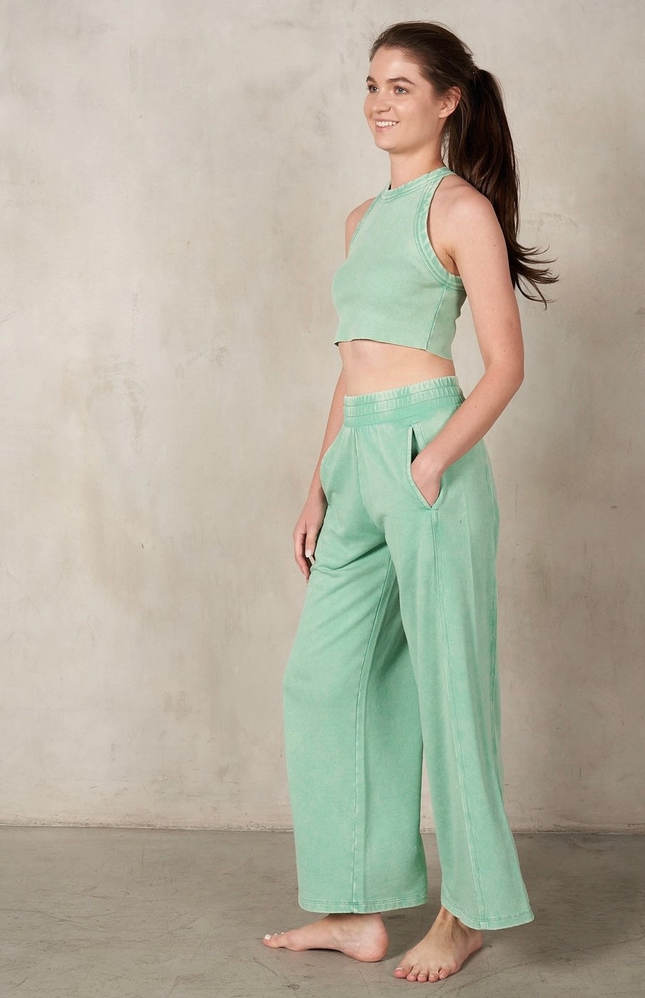 RISEN 2Piece HalterNeck RibMix WideLeg Pant Set