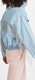 FREE PEOPLE Rhinestone Fringe COMET Denim Bomber Jacket