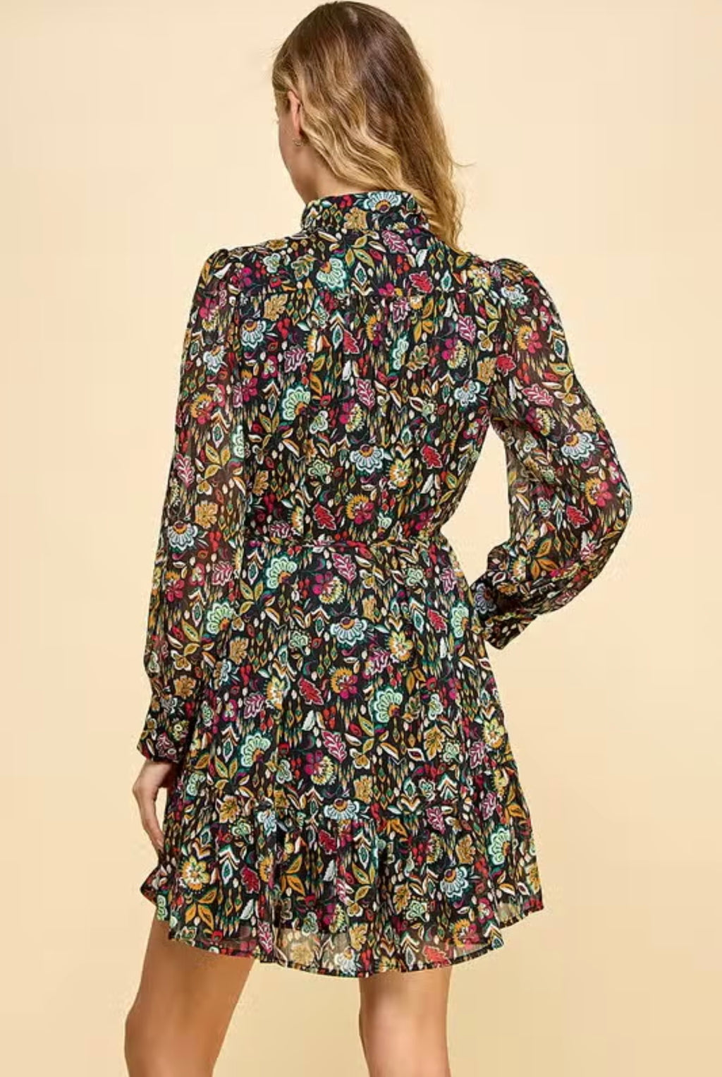 LET GO Floral Hink Long Sleeve Tie Waist Dress