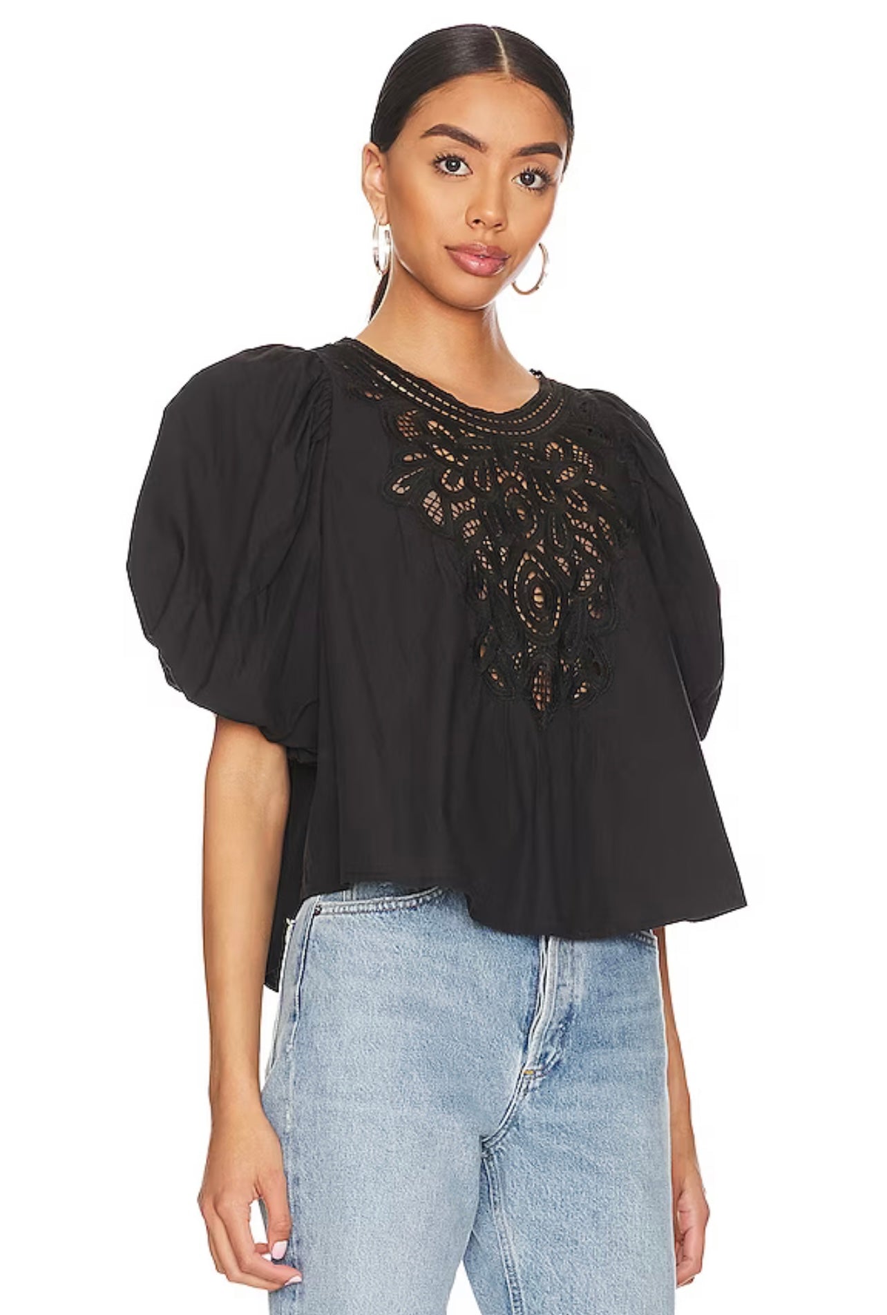 FREE PEOPLE Crochet Front BARDOT PuffSleeve Woven Top