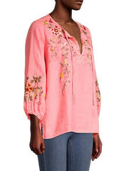 JOHNNY WAS Linen ACACIA Embroidered Peasant Blouse Top