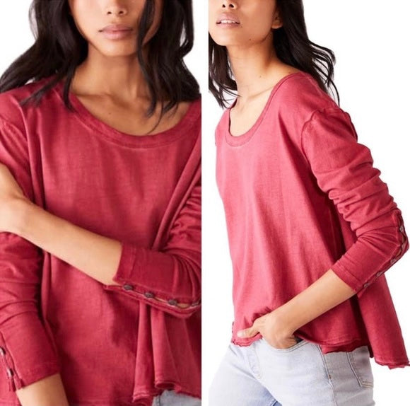 FREE PEOPLE ScoopNeck PEONY ButtonSleeve Flowy Tee Top