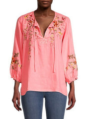 JOHNNY WAS Linen ACACIA Embroidered Peasant Blouse Top