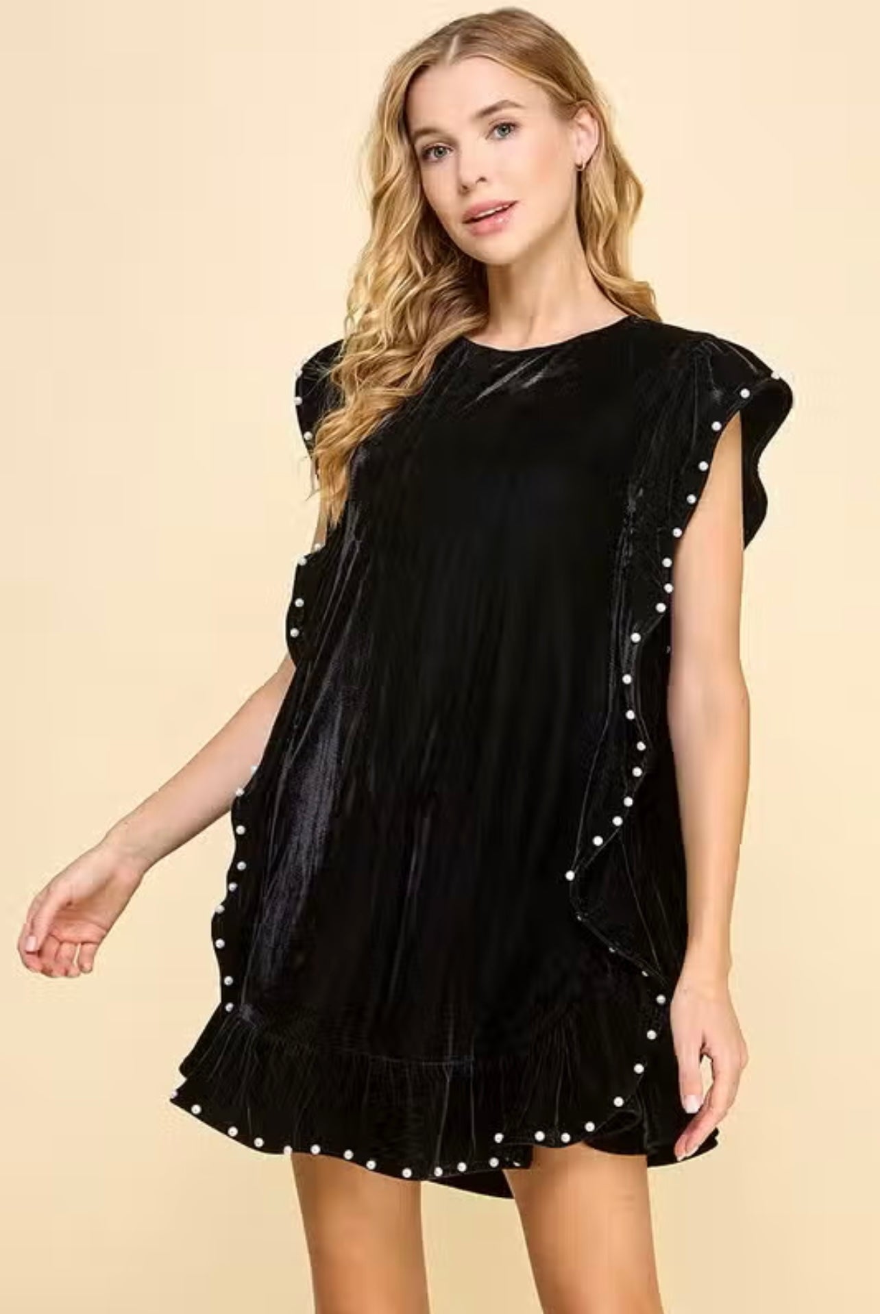 SHADOWS Velvet/Pearls Ruffle Trim Dress
