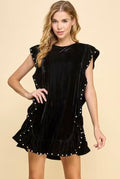 SHADOWS Velvet/Pearls Ruffle Trim Dress
