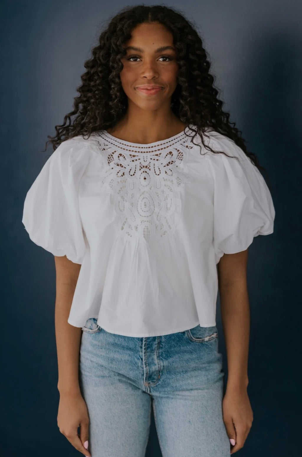 FREE PEOPLE Crochet Front BARDOT PuffSleeve Woven Top