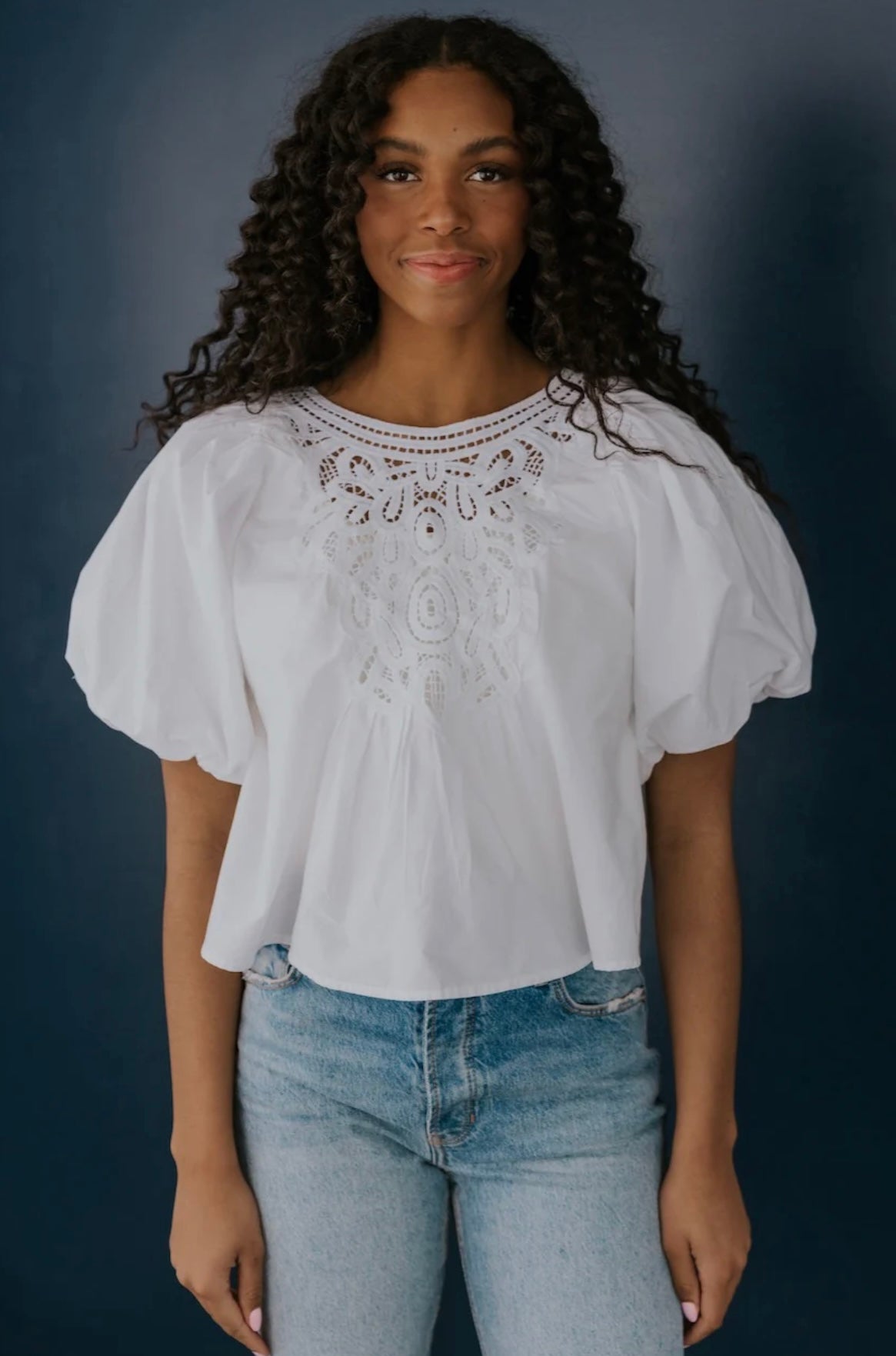 FREE PEOPLE Crochet Front BARDOT PuffSleeve Woven Top