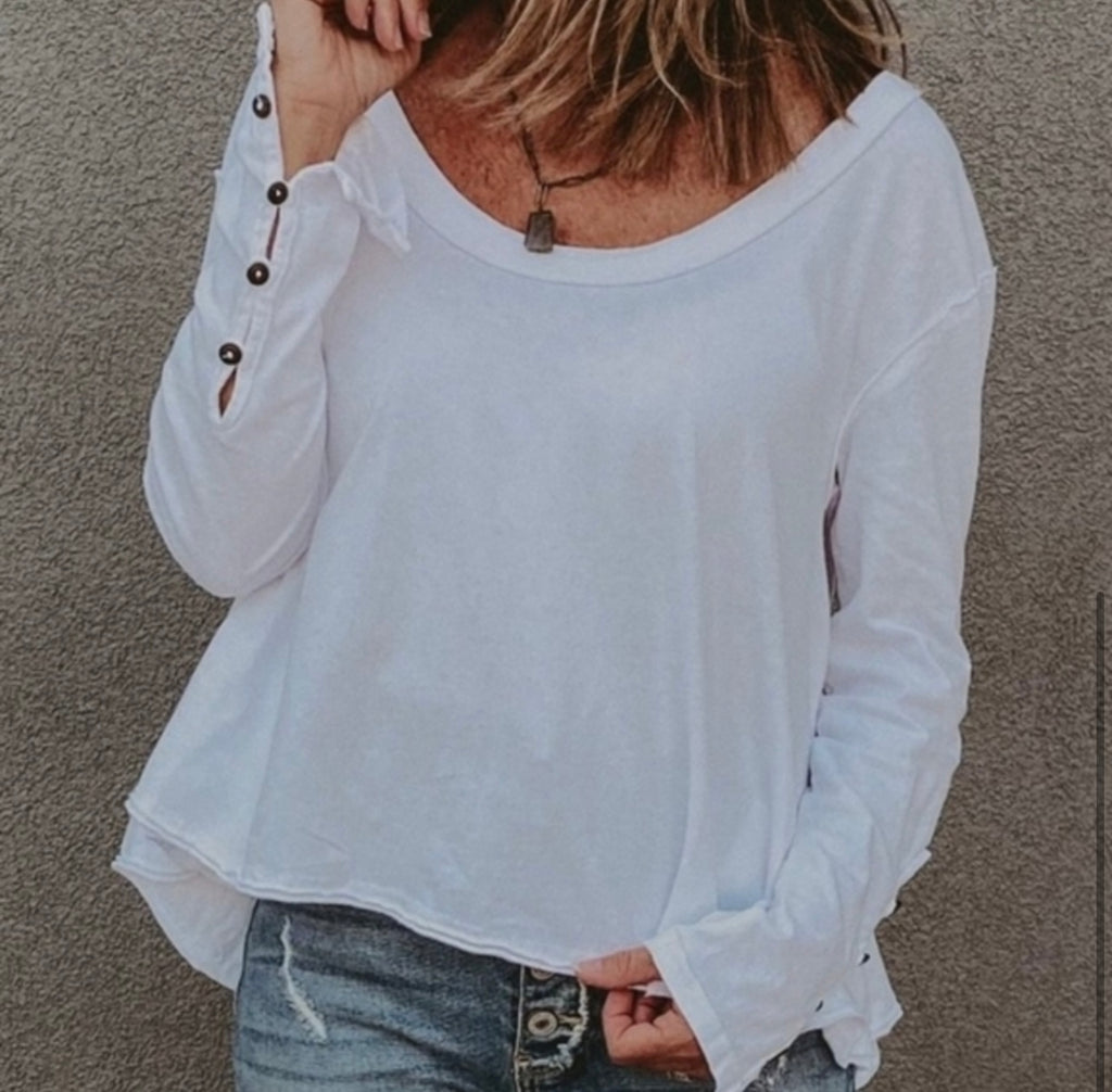 FREE PEOPLE ScoopNeck PEONY ButtonSleeve Flowy Tee Top