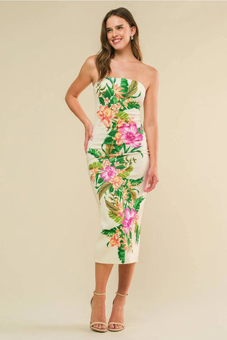 MYSTERE Floral Strapless Ponti Midi Dress