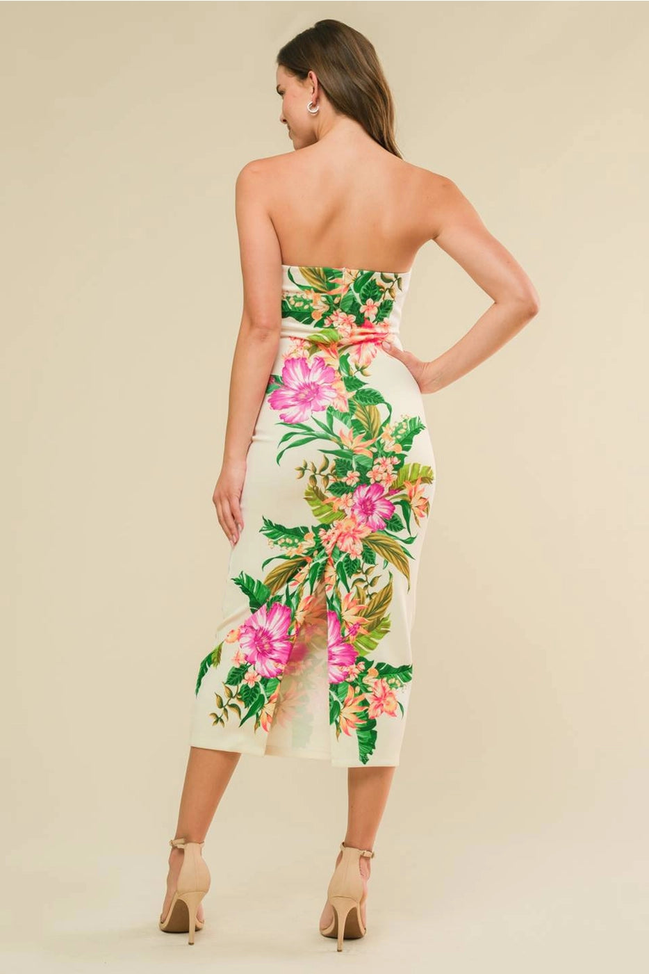 MYSTERE Floral Strapless Ponti Midi Dress