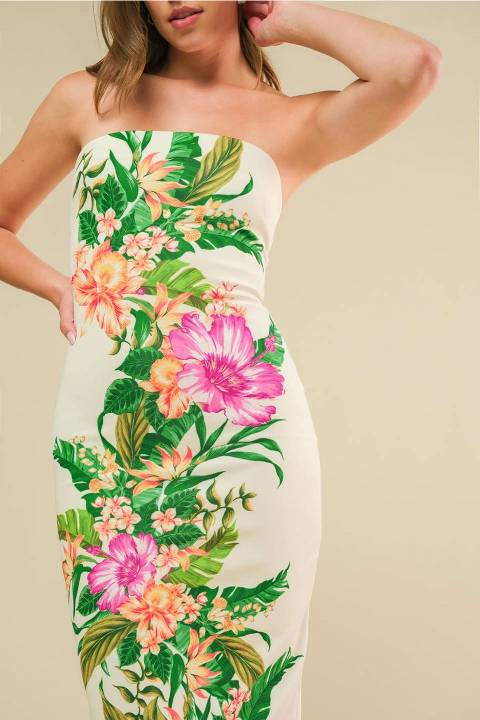 MYSTERE Floral Strapless Ponti Midi Dress