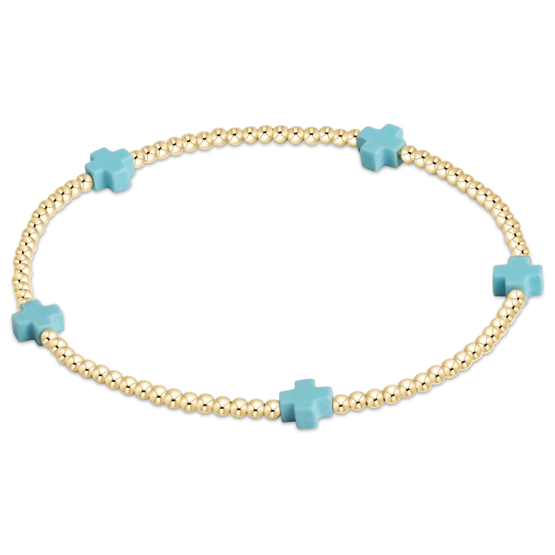 ENewton Small Signature CROSS Gold Pattern 2mm Bead Bracelet- Turquoise