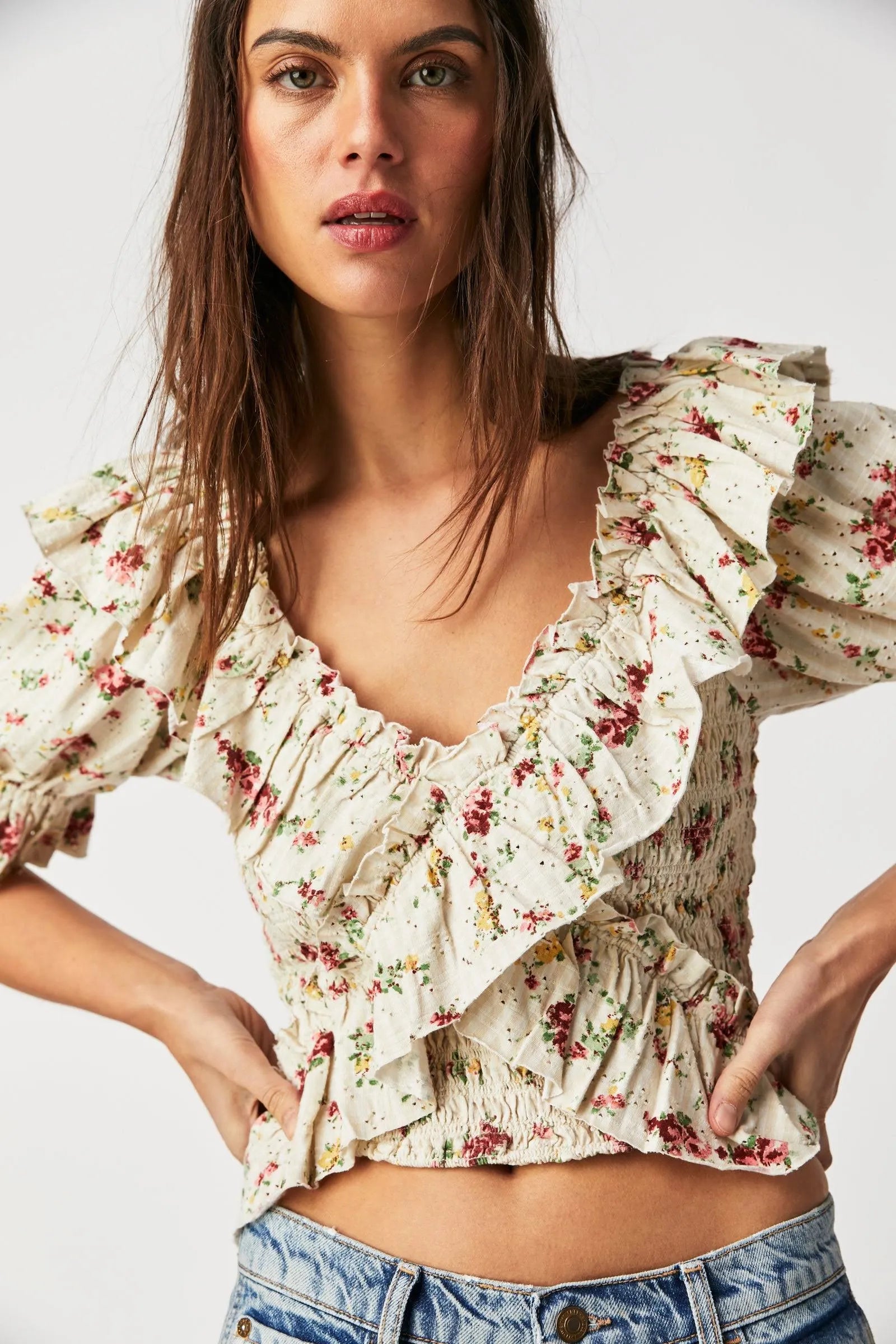 FREE PEOPLE Floral FAVORITE GIRL V-Neck Top