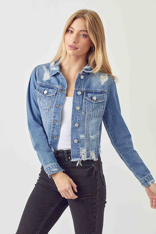 VIBE Distressed Shirred Sleeve Crop Jacket