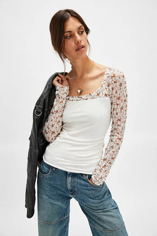 FREE PEOPLE Floral LaceSleeve JOSIE Twofer Top